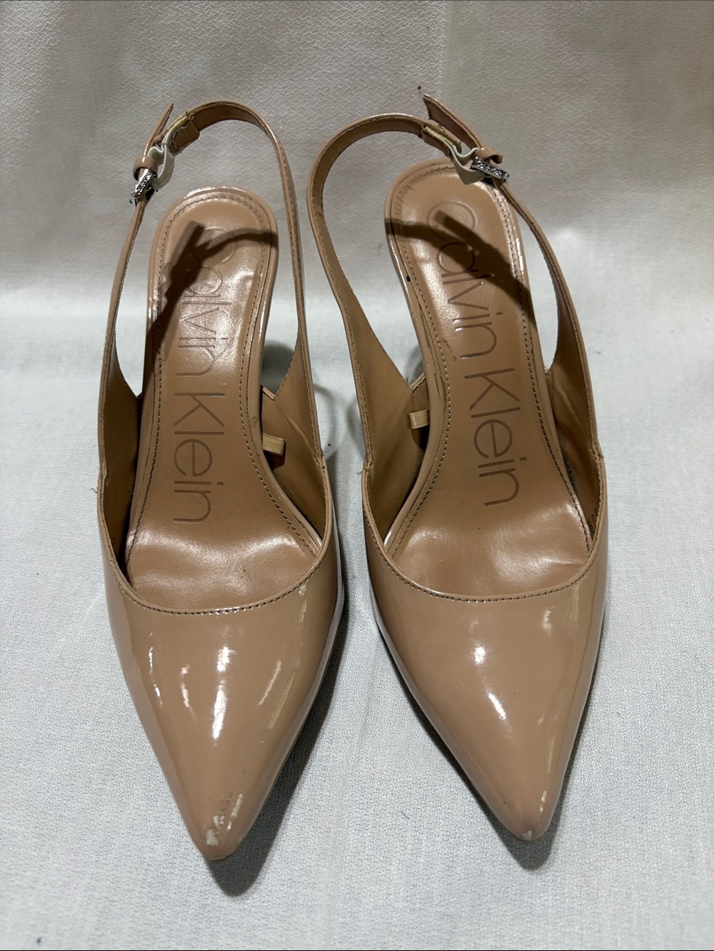 Calvin Klein Tan Patent Pointed Slingback Pumps